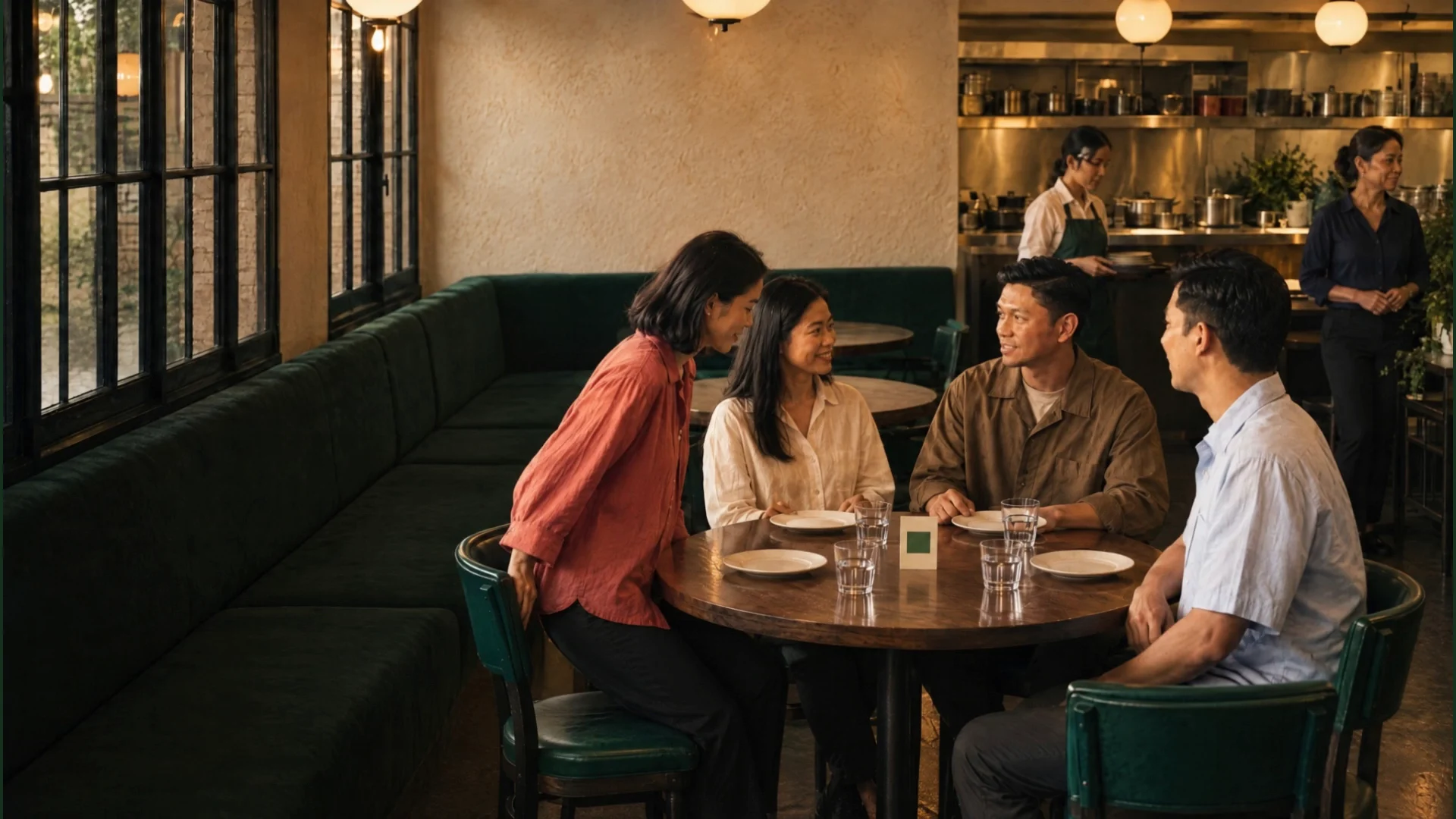 Concept restaurant scene: friends share a meal while a server moves through the dining room.